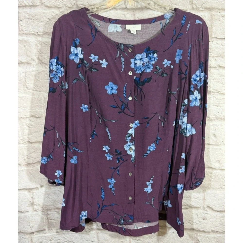 J‎ Jill Blouse Top 1X Purple Floral Rayon Button Up 3/4 Sleeve Back Tie